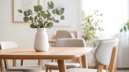 Minimalist Dining Room with Wooden Table and Vase, Home Decor and Interior Design, Generated AI