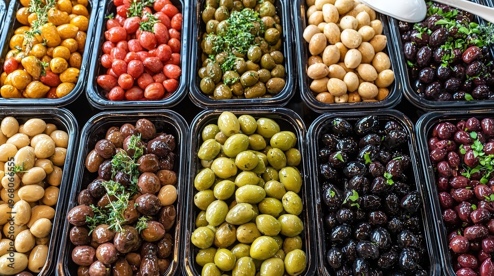 Poster A vibrant display of assorted olives is set out in clear bowls, showcasing a wide range of colors and sizes, creating an appealing visual feast at a market stall