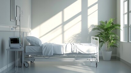 Minimalist Hospital Room with White Bed, Large Window, and Indoor Plants, Generated AI