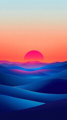 Phone wallpaper, gradient illustration sunset with mountains a dessert that goes from blue to red