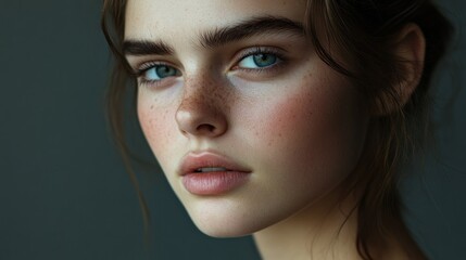 Fototapeta premium Close-up Portrait of a Young Woman with Freckles and Blue Eyes