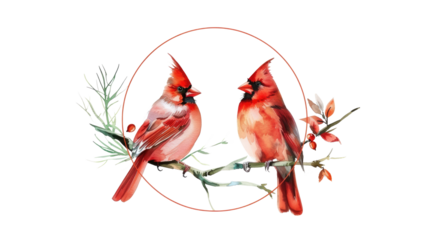 Two Red birds Cardinal on the cedar branch with cone and holly berries, Symbol of Christmas, Watercolor hand drawn illustration isolated on transparent background
