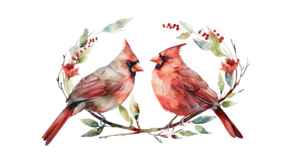 Two Red birds Cardinal on the cedar branch with cone and holly berries, Symbol of Christmas, Watercolor hand drawn illustration isolated on transparent background