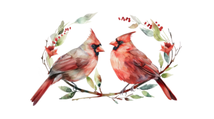 Two Red birds Cardinal on the cedar branch with cone and holly berries, Symbol of Christmas, Watercolor hand drawn illustration isolated on transparent background