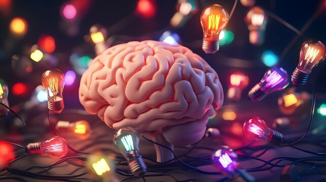 A close-up of a human brain surrounded by colorful light bulbs symbolizing creativity and innovative thoughts