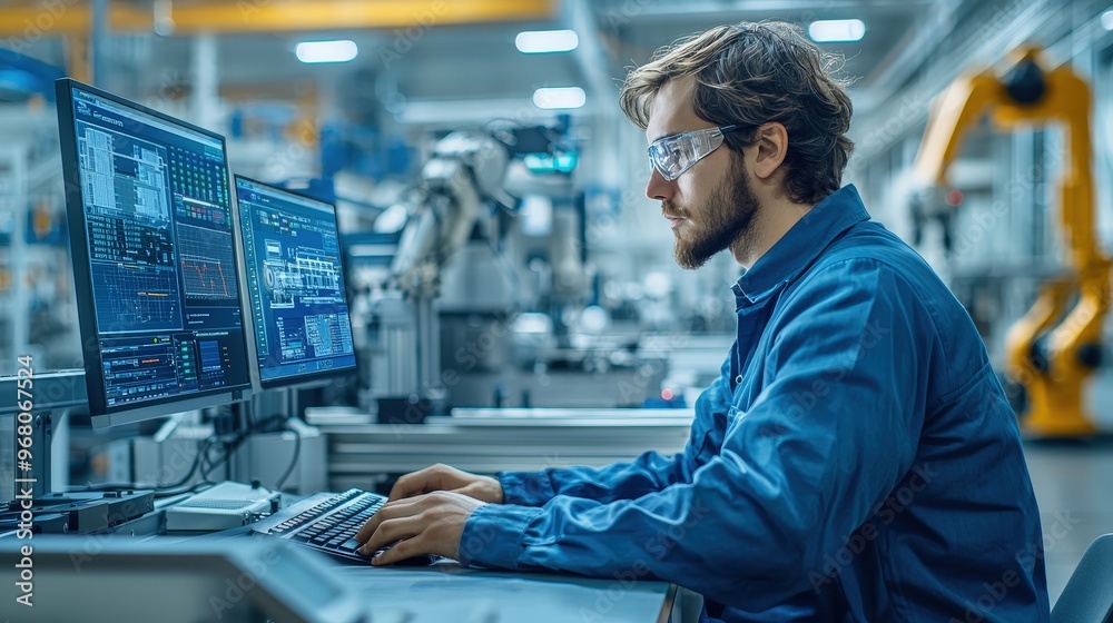 Poster A skilled engineer focuses intently on multiple computer screens in a contemporary manufacturing facility, managing robotic systems and production processes