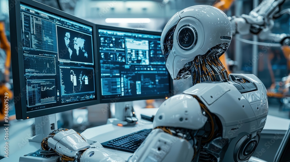 Poster A humanoid robot is focused on analyzing complex data displayed across multiple computer screens in a modern laboratory filled with advanced technology
