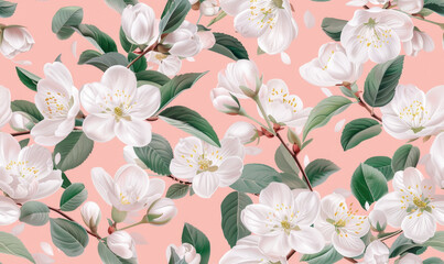 Seamless floral pattern with white blossoms and green leaves on a pink background