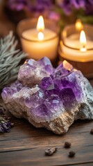 Fototapeta premium Amethyst Crystals with Lit Candles for Relaxation