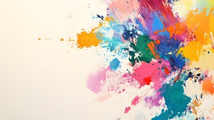Obraz premium A colorful abstract painting with splashes of paint in various hues, set against a light solid color background, providing ample copy space for text