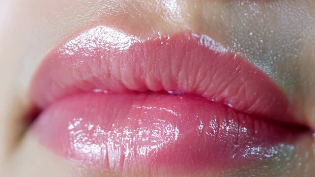 Extreme Close-Up: Woman's Glossy Pink Lips