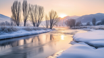 winter landscape during golden hour, river is gently flowing with reflection of the sun in water, some trees are standing on the riverbanks, in the background some mountains are visible. soft light, s