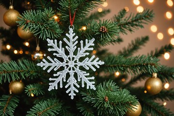 beautiful festive snowflake decoration on the christmas tree