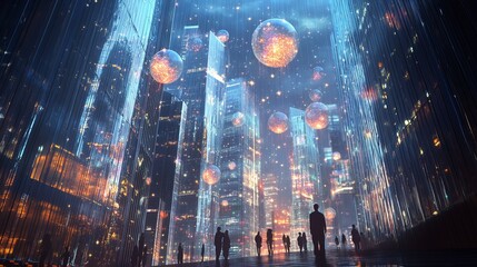 Fototapeta premium Futuristic City with Digital Orbs and Neon Lights, Generated AI