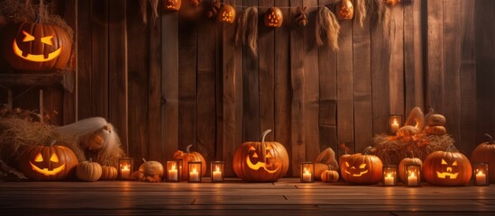 Obraz premium Spooky Halloween Pumpkins and Candles Against Wooden Wall