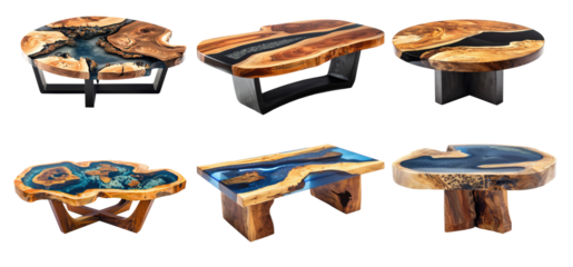 Set of tables modern style made of casting epoxy blue resin maple burl wood  legs made of steel on transparent background 