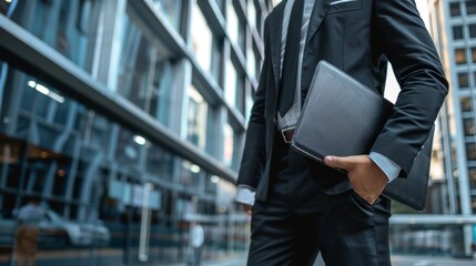 Businessman in Formal Suit Holding Folder Standing Outside Modern Office Building, Urban Corporate Environment, Business Concept, Generated AI