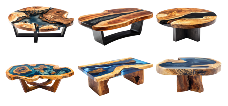 Set of tables modern style made of casting epoxy blue resin maple burl wood  legs made of steel on transparent background 