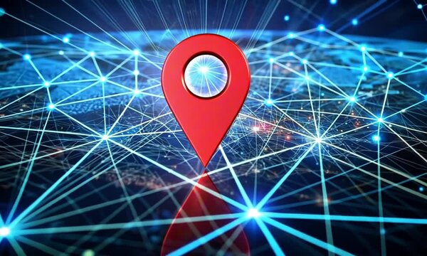 Digital map pointer symbolizing location tracking on a futuristic tech network background
