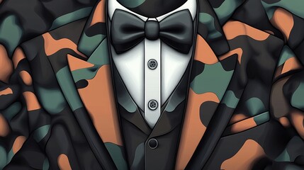Tuxedo inspired camouflage emblem 2D cartoon illustration with intricate details