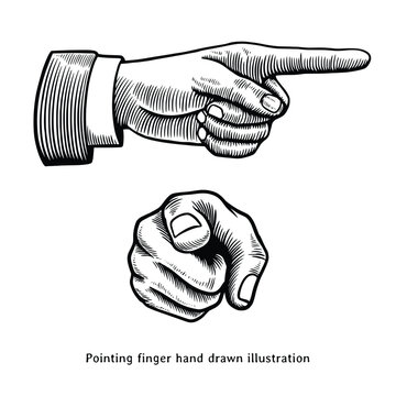 Pointing finger illustration. Pointing finger hand drawn illustration in vintage engraving style. Hand pointing illustration