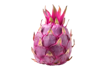 Closeup of pink dragon fruit with green scales isolated on a white transparent background. Concept of exotic and tropical fruits