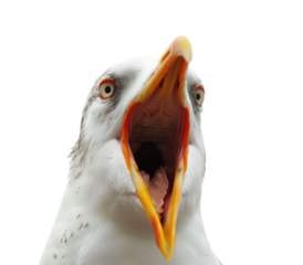 The seagull opened its mouth wide, sticking out its tongue isolated on transparent background. Blank for meme, artwork