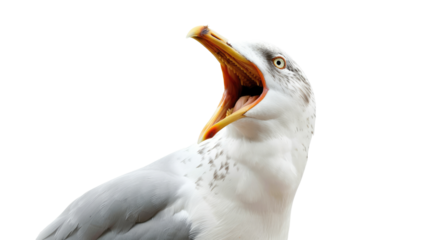 The seagull opened its mouth wide, sticking out its tongue isolated on transparent background. Blank for meme, artwork