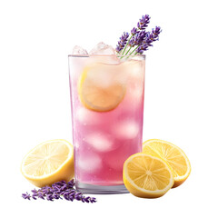 Lavender Lemonade Drink in Transparent Glass with Lemon and Lavender Accents