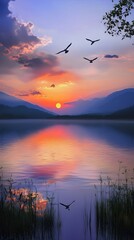 Naklejka premium A serene landscape featuring a peaceful lake reflecting the vibrant colors of a sunset, with birds flying overhead