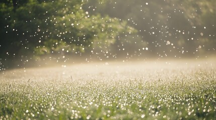 Obraz premium A serene landscape of a rain-soaked field, with droplets glistening on the grass, evoking a sense of tranquility and beauty