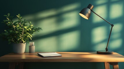 minimalist home office setup idea a stylish wooden desk with a lamp and notebook, creating a sleek look for work or study