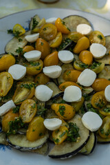 Fried eggplant with cherry tomatoes and mozzarella cheese sprinkled with dill