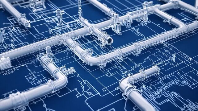A detailed layout illustrates plumbing systems with interconnected pipes and fittings, highlighting engineering design concepts