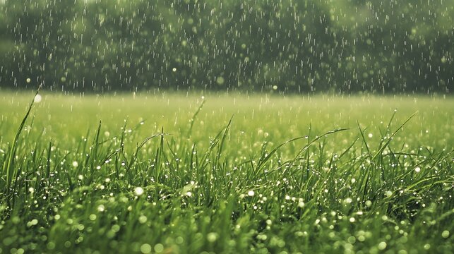 A serene landscape of a rain-soaked field, with droplets glistening on the grass, evoking a sense of tranquility and beauty