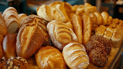 Freshly baked bread displayed on a wooden countertop