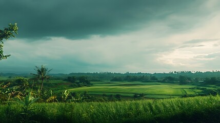 A serene landscape during the rainy season, featuring lush green fields under a cloudy sky, with ample copy space for text
