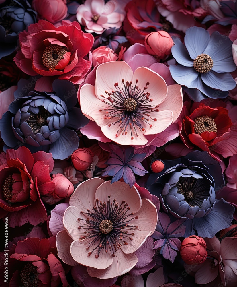 Fototapete A stunning array of handcrafted paper flowers in various vibrant colors and intricate designs, creating an eye-catching display perfect for any artistic setting