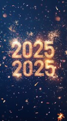 Glittering 2025 banner showcases festive sparks, creating a vibrant atmosphere for New Year's Eve celebrations in contemporary spaces