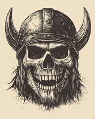 Obraz premium A strong Viking skull skeleton warrior or barbarian gladiator face adorned with a helmet illustrated in a retro vintage woodcut style