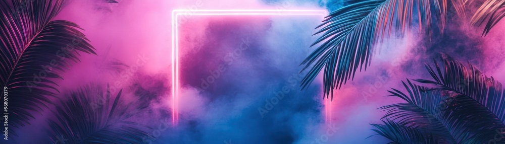 Sticker Neon Glow on Palm Leaves with Smoke Effect