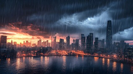 Fototapeta premium A scenic view of a heavy rainstorm over a city skyline, with dark clouds and splashes of water on the streets
