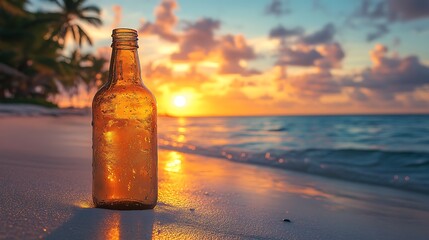A single glass bottle sits on a white sandy beach with a vibrant sunset in the background.