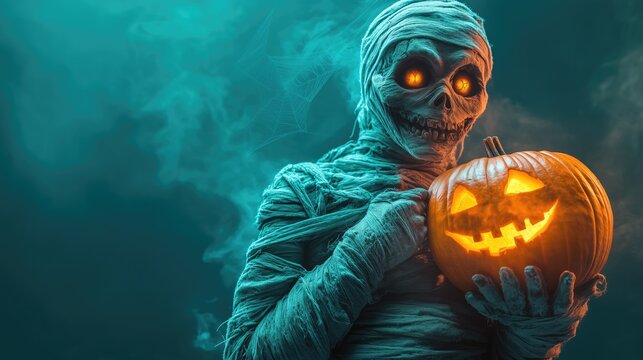 Mummy before a foggy dark teal colored background. The mummy holding a halloween pumpkin