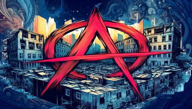 A large red symbol of anarchy on a blue background with ruined buildings.