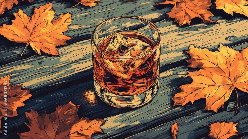 Canvas Prints retro coloring book illustration of a glass of whiskey with ice surrounded by autumn leaves on a woo