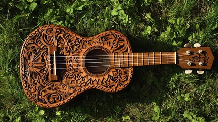 A ukulele guitaron with a Mexican design is shown in a top view on the grass.