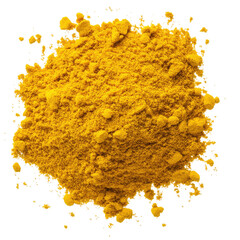 A close-up shot of a pile of bright yellow turmeric powder, a popular spice used in cooking.