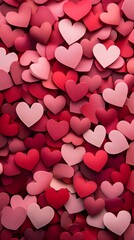 A cluster of small hearts in varying shades of pink and red, set against a solid color background, perfect for Valentine's Day themes