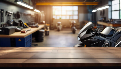 Obraz premium Empty counter table of motorcycle mechanic workshop, workshop scene. Old tools hanging on the wall in the workshop, tool rack against a table and a wall. ideal for displaying advertising products